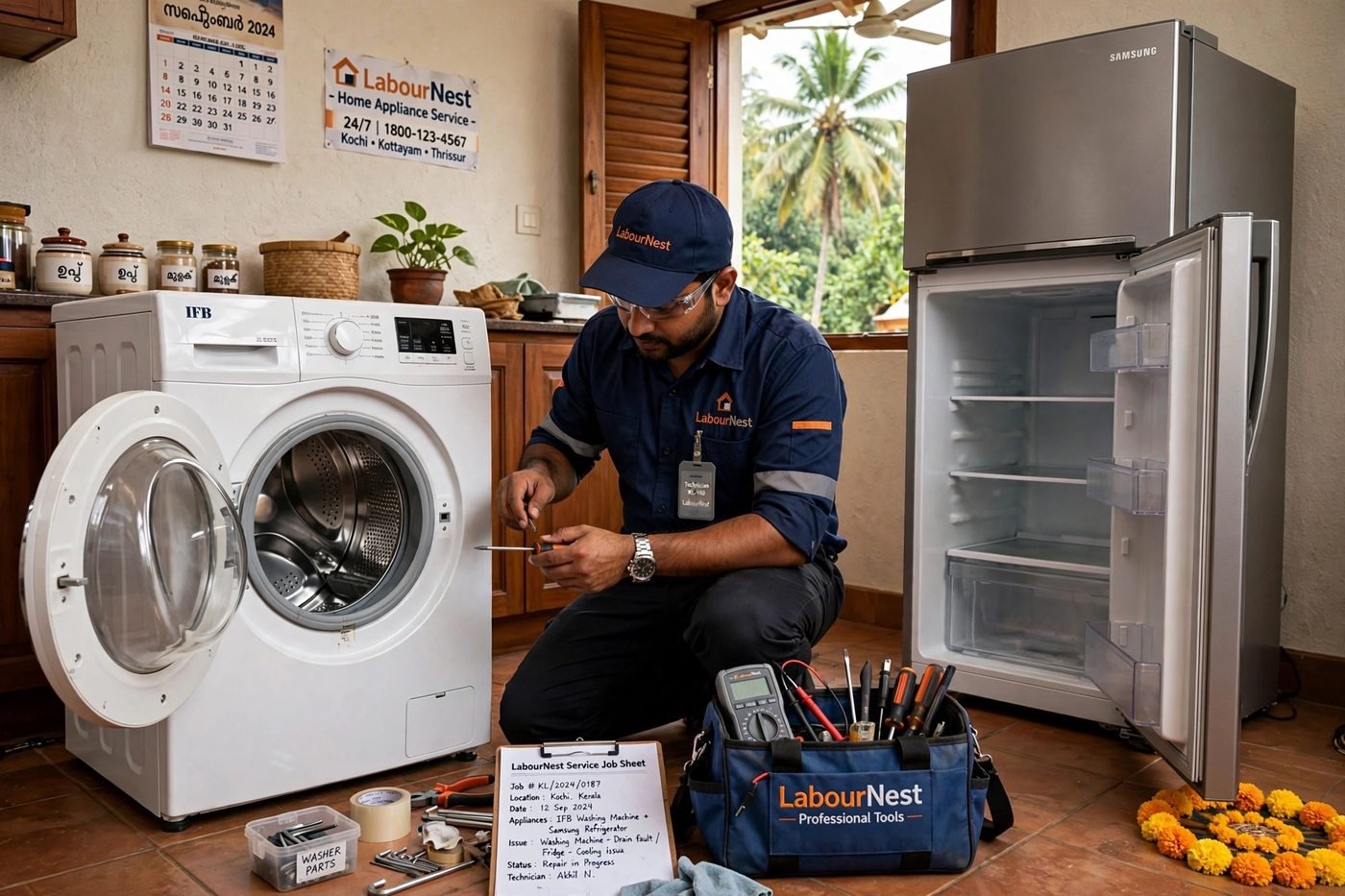Labour Nest technician repairing a washing machine and refrigerator
