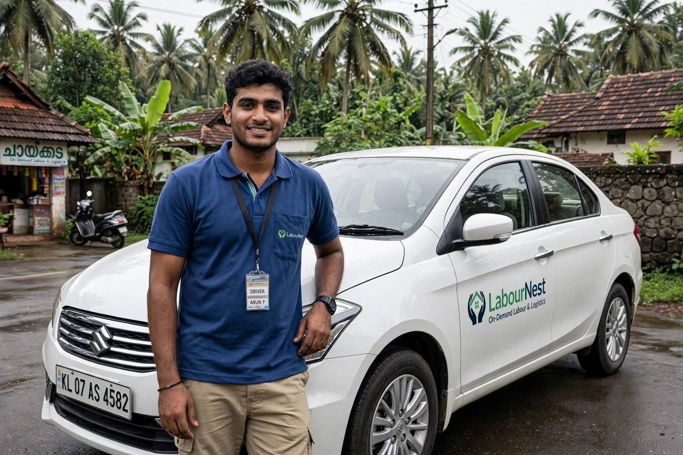 Labour Nest driver standing beside a car