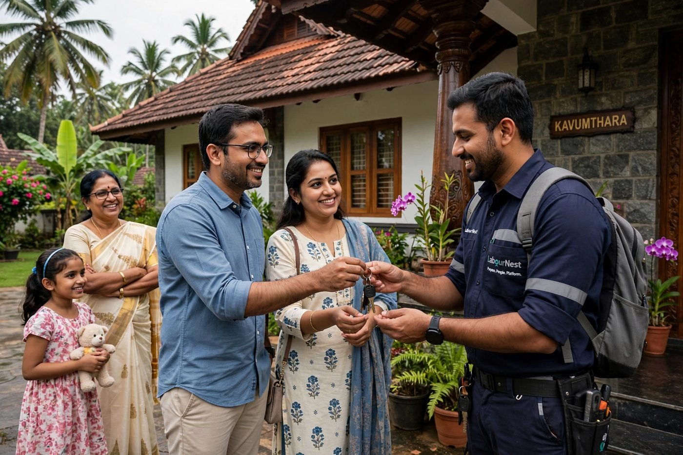 Labour Nest worker handing over keys to an NRI family in Kerala