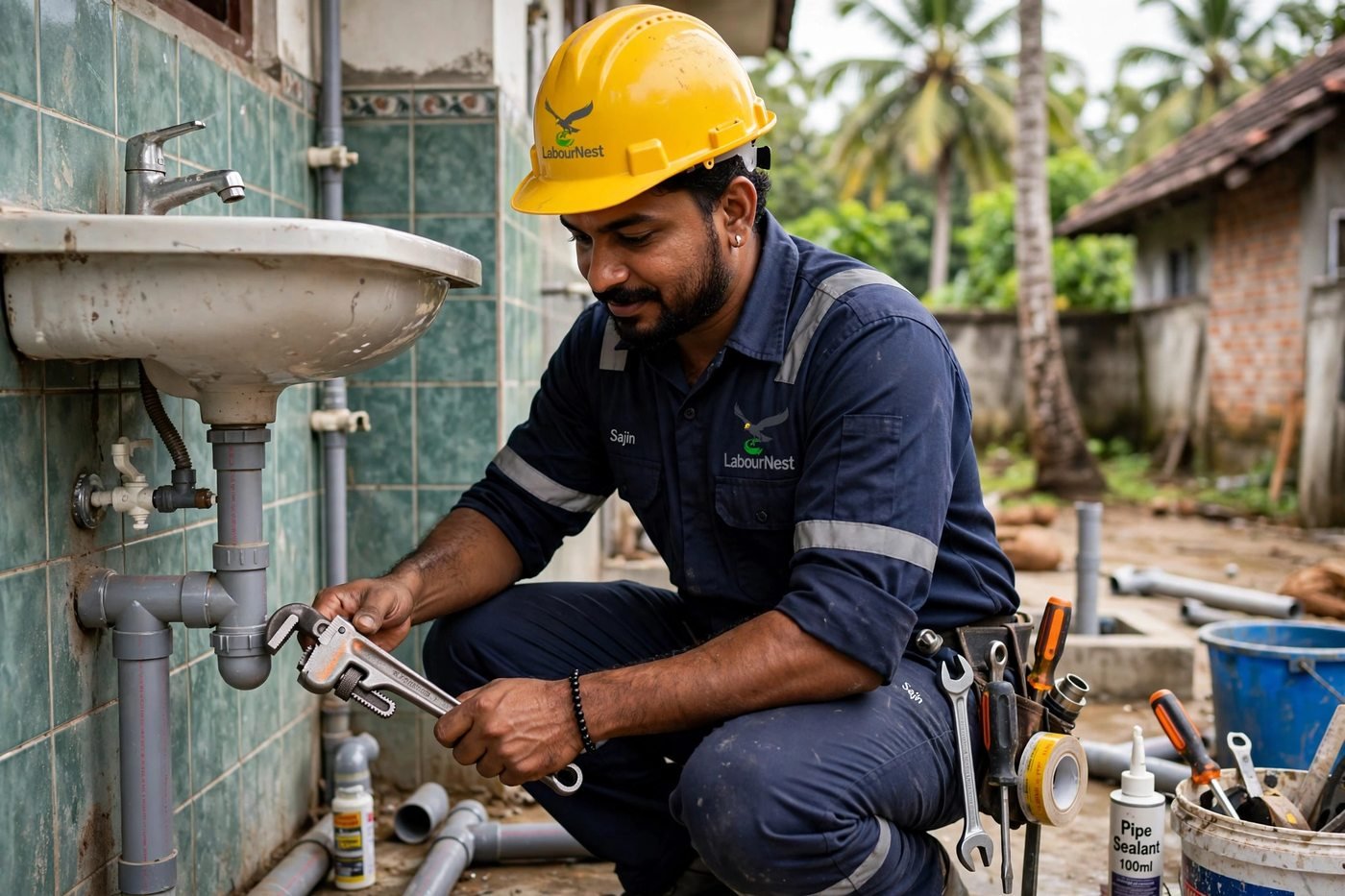 Labour Nest plumber fixing a pipe under a sink
